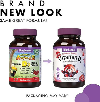 Bluebonnet Nutrition Rainforest Animalz Vitamin D3 400 IU Chewable Tablet, Soy, Dairy & Gluten-Free, Non-GMO, Kosher Certified, Vegetarian Friendly, Natural Mixed Berry Flavor, 90 Count