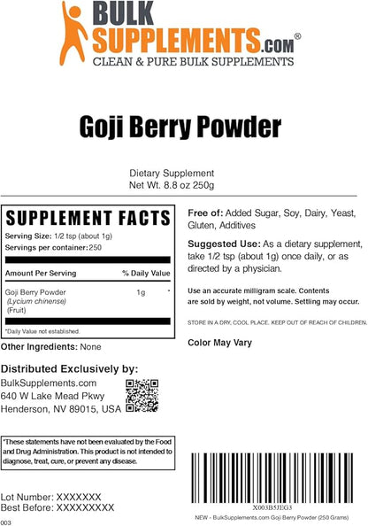 BulkSupplements.com Wolfberry Extract Powder - Goji Berry Supplements, Goji Berry Extract, Herbal Supplement, Gluten Free, 1000mg per Serving, 250g (8.8 oz) (Pack of 1)