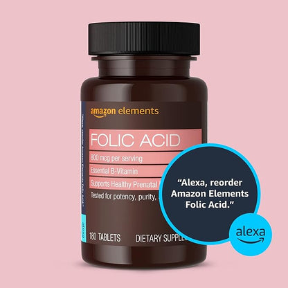 Amazon Elements Folic Acid 800 mcg per Serving, Dietary Supplement for Healthy Prenatal Development, 6 Months of Supply (Pack of 2)