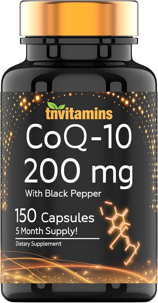CoQ-10 200mg - 150 Capsules with Black Pepper Extract | 5 Month Supply! | Powerful Free Radical Fighting Antioxidant | Max Absorption Rapid Release Capsules | Coenzyme Q-10 200 mg