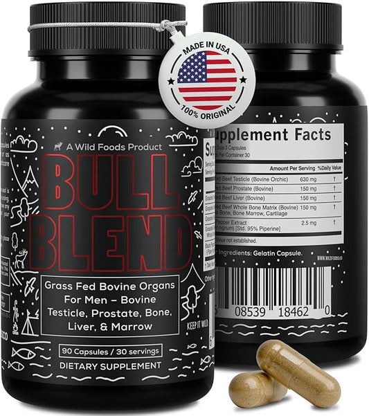 Wild Foods Men's Vitality Formula – Grass-Fed Bovine Supplement & Beef Liver Capsules with Testicle, Prostate, Whole Bone | Primal and Carnivore Diet Approved | 90 Organ Meat Capsules (30-Day Supply)