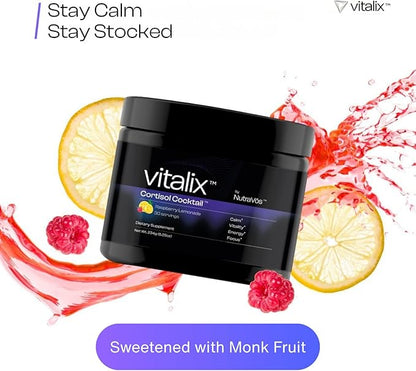 Vitalix Cortisol Cocktail–Premium Adaptogen Drink Mix - Cortisol Detox & Adrenal Support - Ashwagandha KSM 66 400mg, Magnesium Glycinate 200mg, L-Theanine 200mg - Raspberry Lemonade – 30 Servings