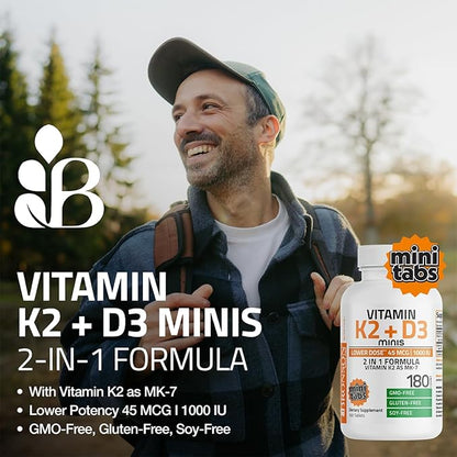 Bronson Vitamin K2 (MK7) with D3 Lower Dose 45mcg Vitamin K2 & 1000 IU Vitamin D3 Easy to Swallow Daily Maintenance 2 in 1 Formula Non-GMO, 360 Mini Tablets