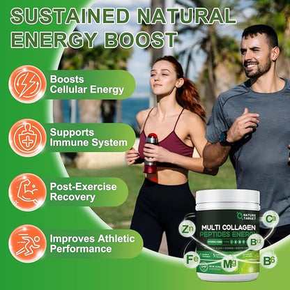 NATURE TARGET Multi-Collagen-Peptides-Powder - Hydrolyzed Collagen with Energy Blend + Multivitamin & Minerals, Supports Energy Skin Hair Nail & Joint, Non-GMO, 35 Servings