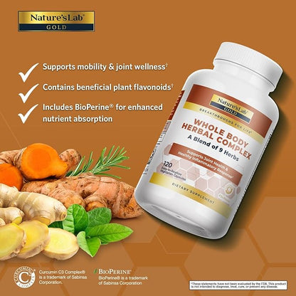 Nature's Lab Gold Whole Body Herbal Complex - Turmeric, Boswellia, Ginger, Green Tea, Rosemary - 120 Capsules (60 Day Supply)
