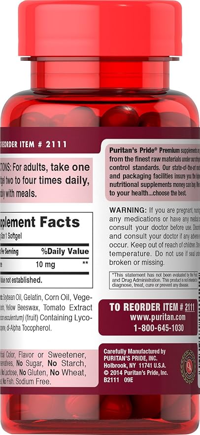 Puritan's Pride Premium Lycopene 10mg, Dietary Supplement for Prostate, Antioxidant, Heart Health, and Overall Health Support, 100 Rapid Release Softgels