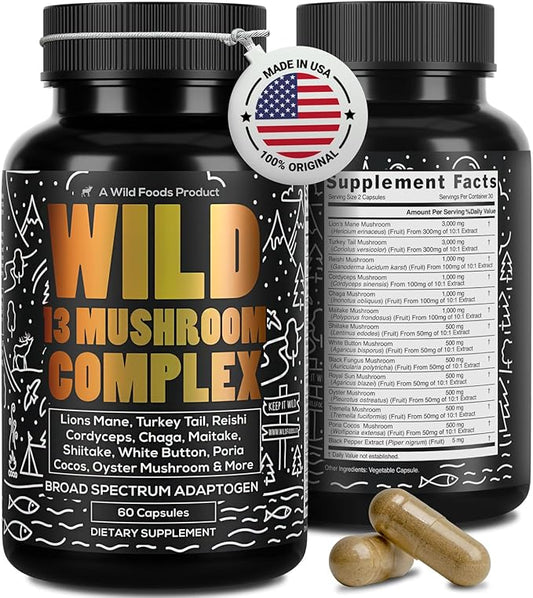 Wild Foods Premium Mushroom Supplement Complex | 10:1 Mushroom Extract 13 Organic Mushrooms: Lions Mane, Turkey Tail, Reishi & More Adaptogenic Mushrooms for Energy, Brain & Immune Health(60 Capsules)