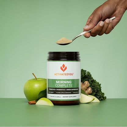 ACTIVATEDYOU Morning Complete Daily Wellness Greens Superfood Drink Mix for Gut Health w/Prebiotics, Probiotics, Antioxidants, Green Superfoods, 10 Billion CFUs, 30 Servings (Apple Cinnamon)