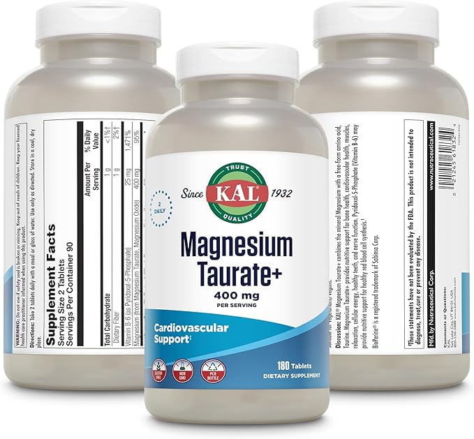 KAL Magnesium Taurate 400mg Plus CoEnzyme Vitamin B6, Chelated Magnesium Supplement, Muscle Function, Gluten Free, Vegan, 90 Serv, 180 Tablets