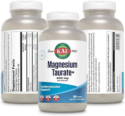 KAL Magnesium Taurate 400mg Plus CoEnzyme Vitamin B6, Chelated Magnesium Supplement, Muscle Function, Gluten Free, Vegan, 90 Serv, 180 Tablets