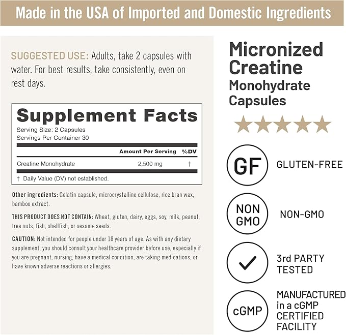 NatureWise Micronized Creatine Monohydrate Pills, 2500mg Per Serving - Creatine for Women & Men - Pure, Unflavored, Supports Lean Muscle Mass, Endurance - 60 Capsules[30-Day Supply]