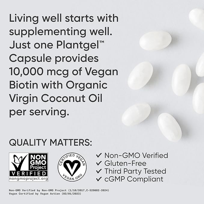 Sports Research Extra Strength Vegan Biotin (Vitamin B) Supplement with Organic Coconut Oil - Supports Keratin for Healthier Hair & Skin - Great for Women & Men - 2,500mcg, 120 Veggie Softgel Capsules
