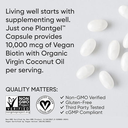 Sports Research Extra Strength Vegan Biotin (Vitamin B) Supplement with Organic Coconut Oil - Supports Keratin for Healthier Hair & Skin - Great for Women & Men - 2,500mcg, 120 Veggie Softgel Capsules