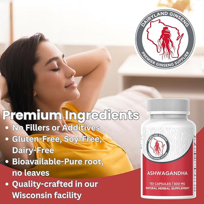 Dairyland Management Ashwagandha Capsules 150ct - 1000 mg per Serving Max Strength Ashwagandha Root Powder - Herbal Supplements and Extract