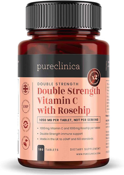 pureclinica Vitamin C with Rosehip – 2000mg (1000mg VIT C & 1000mg Rosehip Extract) x 180 Tablets - 6 Months Supply!