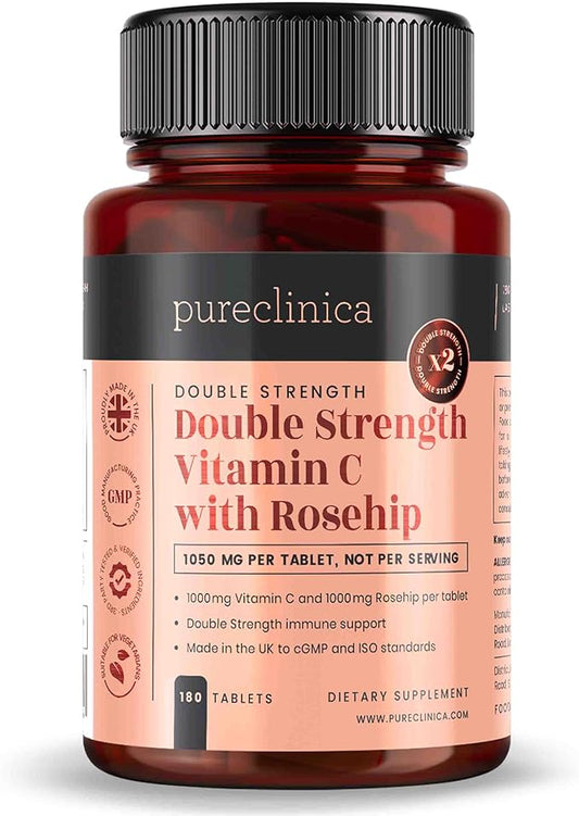 pureclinica Vitamin C with Rosehip – 2000mg (1000mg VIT C & 1000mg Rosehip Extract) x 180 Tablets - 6 Months Supply!