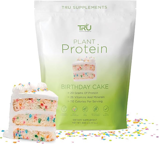 TRU Supplements Plant Based Protein Powder, BCAA, EAA, 20g Vegan Brown Rice & Pea Protein, 100 Calories, 27 Vitamins, No Artificial Flavors 25 Servings (Birthday Cake)
