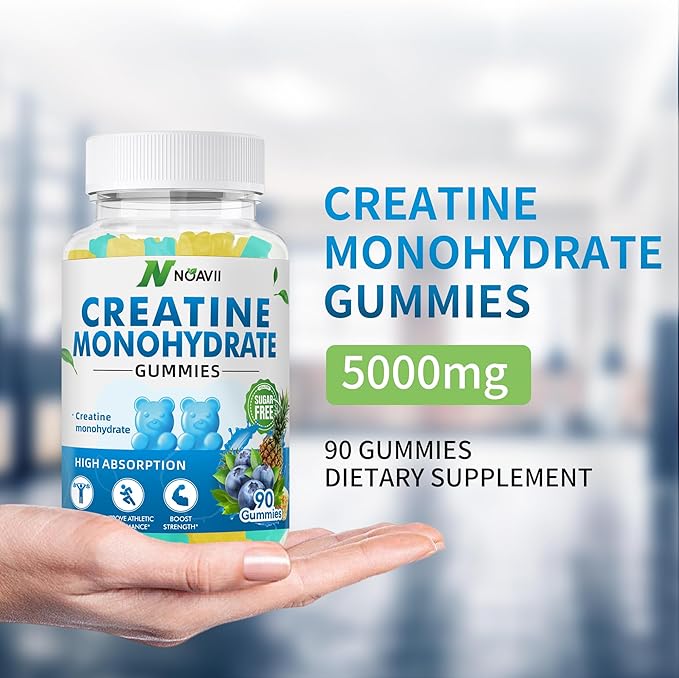 Creatine Monohydrate Gummies 5000mg for Men & Women, Chewables Creatine Monohydrate for Muscle Strength, Muscle Builder, Energy Boost, Pre-Workout Supplement(90 Count)-Blueberry Pineapple