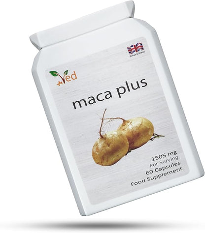 Ved Organic Maca Root Black, Red, Yellow 1505 mg per Serving 60 Capsules Peruvian Maca Root Gelatinized 100% Pure Non-GMO Supports Reproductive Health Natural Energizer (30 Days Supply).