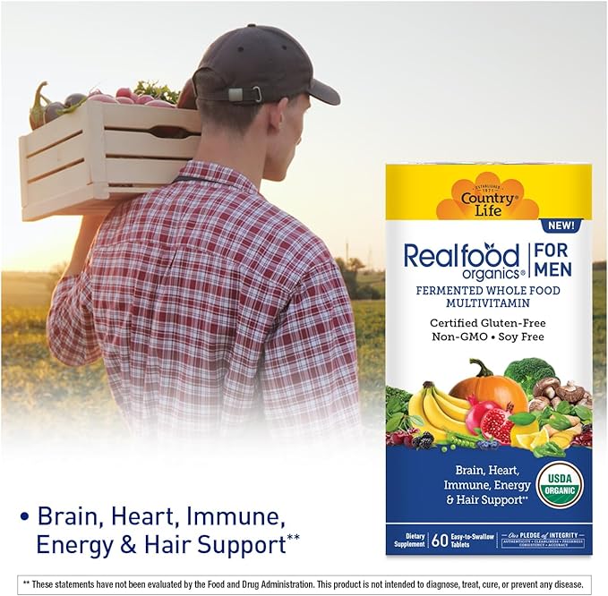 Country Life RealFood Organics for Men – 60 Tablets | 1,300mg Organic Fermented Whole Foods, 7-Mushroom Superfood & Aloe – Certified Gluten-Free, Vegan & USDA Organic Multivitamin