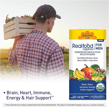 Country Life RealFood Organics for Men – 60 Tablets | 1,300mg Organic Fermented Whole Foods, 7-Mushroom Superfood & Aloe – Certified Gluten-Free, Vegan & USDA Organic Multivitamin