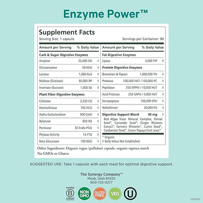 PURE SYNERGY Enzyme Power | Digestive Enzyme Supplement | Digestive Health Enzymes with Nattokinase, Bromelain, and Serrapeptase | for Digestive and Gut Health (90 Capsules)