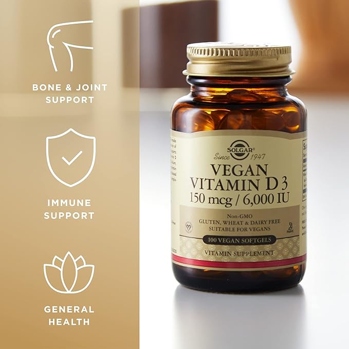 Solgar Vegan Vitamin D3 (Cholecalciferol) 150 mcg (6,000 IU) - 100 Softgels - Immune Support, Helps Maintain Healthy Bones & Teeth - Non-GMO, Certified Vegan, Gluten & Dairy Free - 100 Servings
