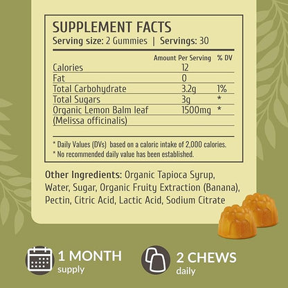 HERBAMAMA Lemon Balm Calming Gummies - 1500mg Lemon Balm Herb for Calm Support - Vegan, Non-GMO Relaxation Supplement with Melissa Officinalis Leaves - 60 Pectin-Based Banana-Flavored Chews