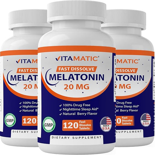 Vitamatic Melatonin 20 mg Tablets | Vegetarian, Non-GMO, Gluten Free | HIGH Potency 20 MG | Natural Berry Flavor (1/2 Tablets = Melatonin 10 mg) (120 Count (Pack of 3))