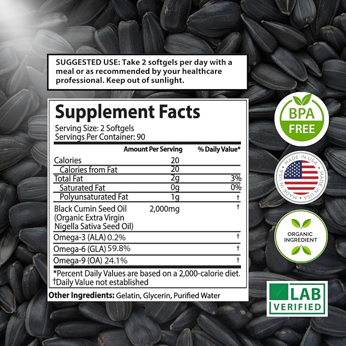 Mother Nature - Organic Black Seed Oil Capsules, Cold Pressed, 2% TQ, 100% Turkish-Black Cumin Nigella, Sativa Oil-3 Month Supply for Immune Support, Joint, Digestive Health,1000mg per Capsule, 180ct