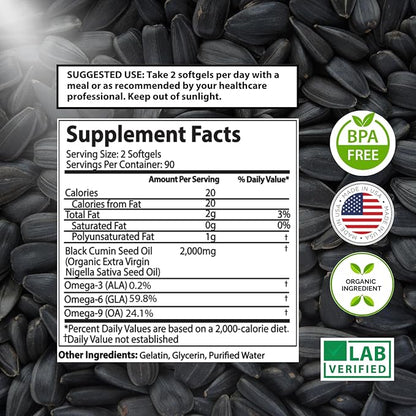 Mother Nature - Organic Black Seed Oil Capsules, Cold Pressed, 2% TQ, 100% Turkish-Black Cumin Nigella, Sativa Oil-3 Month Supply for Immune Support, Joint, Digestive Health,1000mg per Capsule, 180ct