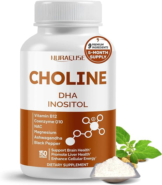 Choline with DHA, Inositol, Vitamin B12, Coenzyme Q10, NAC, Magnesium, Ashwagandha – Supports Brain Health, Promotes Liver Health – Made in The USA