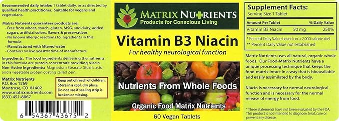 Vitamin B3 NIACIN - Digestive, Heart and Immune Support! - 100% Organic - Also Improve Brain Function, Energy and Reduce Stress - Vegan Tablets (60ct)