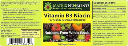Vitamin B3 NIACIN - Digestive, Heart and Immune Support! - 100% Organic - Also Improve Brain Function, Energy and Reduce Stress - Vegan Tablets (60ct)