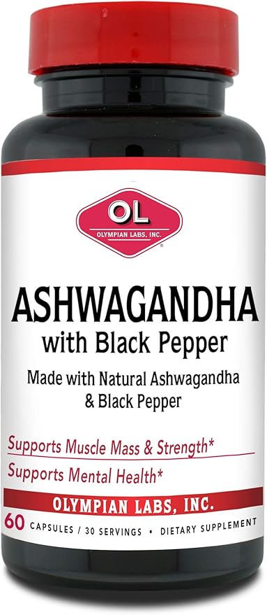 Olympian Labs Organic Ashwagandha with Black Pepper Supports The Brain, Muscle Mass and Strength - 60 Vegan Capsules 1300mg