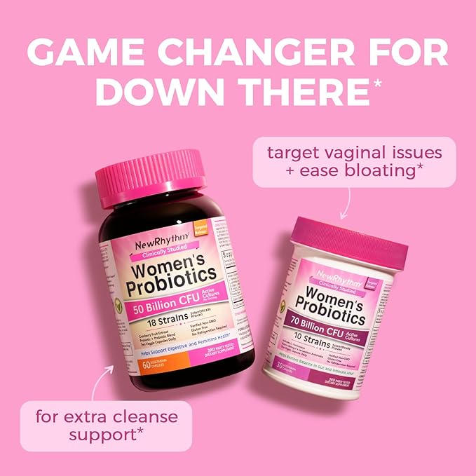 NewRhythm Women’s Probiotics Bundle, Women's Probiotics 50 Billion CFU & Women's Probiotics 70 Billion CFU, Daily Gut Support & Feminine Care, Vaginal & Urinary Health (Pack of 2)