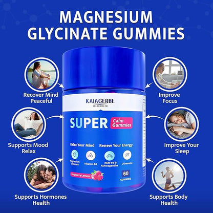 Magnesium Glycinate Gummies for Adults 100mg, Supplement with Magnesium Glycinate, Ashwagandha, L Theanine, Supercalming Gummies for Relax & Sleep, 60 Gummies