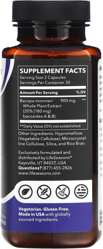 LifeSeasons Essentials - Bacopa Extract Supplement - Support Memory & Mental Focus - Promotes Healthy Stress Response - Boost Cognitive Function - 900mg Per Serving - 60 Capsules