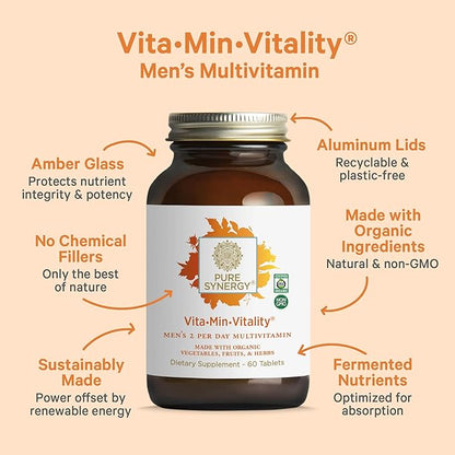PURE SYNERGY Vita·Min·Vitality | Natural Multivitamin for Men | Men’s Daily Multivitamin Made with Organic Whole Foods | for Energy, Stress, and Immune Support (60 Tablets)