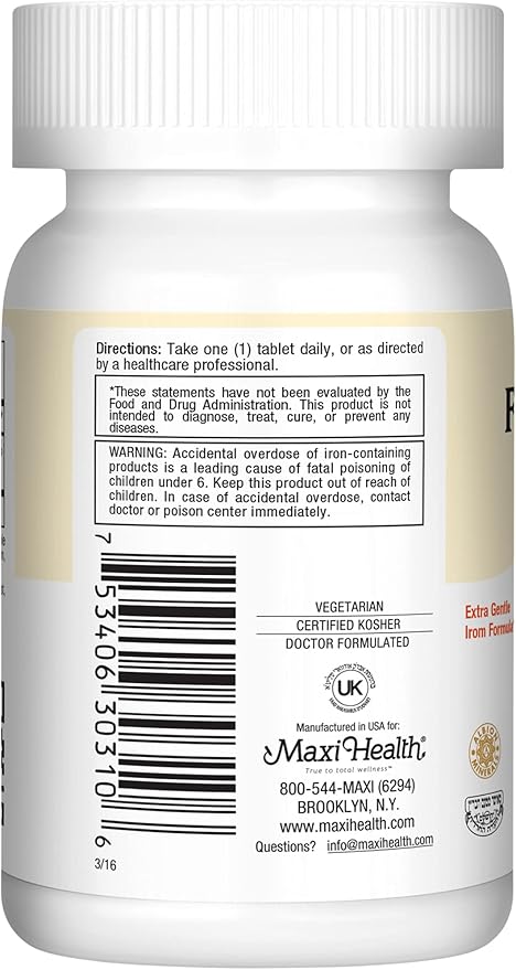 Maxi Health Iron Supplement - Gentle Iron Supplements for Men & Women - Ferrous Fumarate - Ferrochel 25 MG for Anemia & Red Blood Cell Production - Chelated Iron Pills - 100 Kosher Tablets