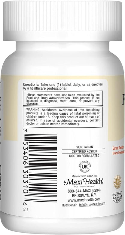 Maxi Health Iron Supplement - Gentle Iron Supplements for Men & Women - Ferrous Fumarate - Ferrochel 25 MG for Anemia & Red Blood Cell Production - Chelated Iron Pills - 100 Kosher Tablets