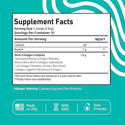 Vital Vitamins Multi Collagen Peptides Powder - Unflavored, Easy to Dissolve - Type I, II, III, V, X - for Women & Men - Promotes Hair, Skin, Nails, & Joint Health - 30 Servings