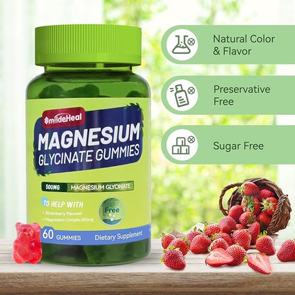Magnesium Glycinate Gummies 500mg with L-Threonine 300mg - Sugar-Free Magnesium Potassium Supplement with Vitamin D, B6, CoQ10 - Strawberry Flavored - 60 Gummies