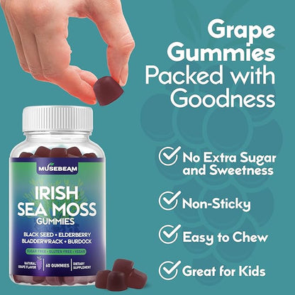 Irish Sea Moss Gummies - with Black Seed Elderberry Bladderwrack Burdock Turmeric Omega-3 Vitamins C D3 Zinc - Seamoss Supplements for Adults Women Men - Sugar-Free Gluten Free Vegan