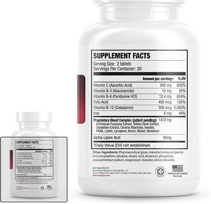 Natural Blood Builder Iron Supplement and Support for Healthy RBC & Oxygen Levels and Red Blood Cells Production for Women and Men - 60 Pills