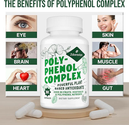 2250 MG Polyphenols Supplement Over 20 Fruits,Vegetables & Polyphenols,Quercetin,Resveratrol,Turmeric,Green Tea,Powerful Antioxidants,Polyphenols for Age Defense,Immune System,90 Capsules