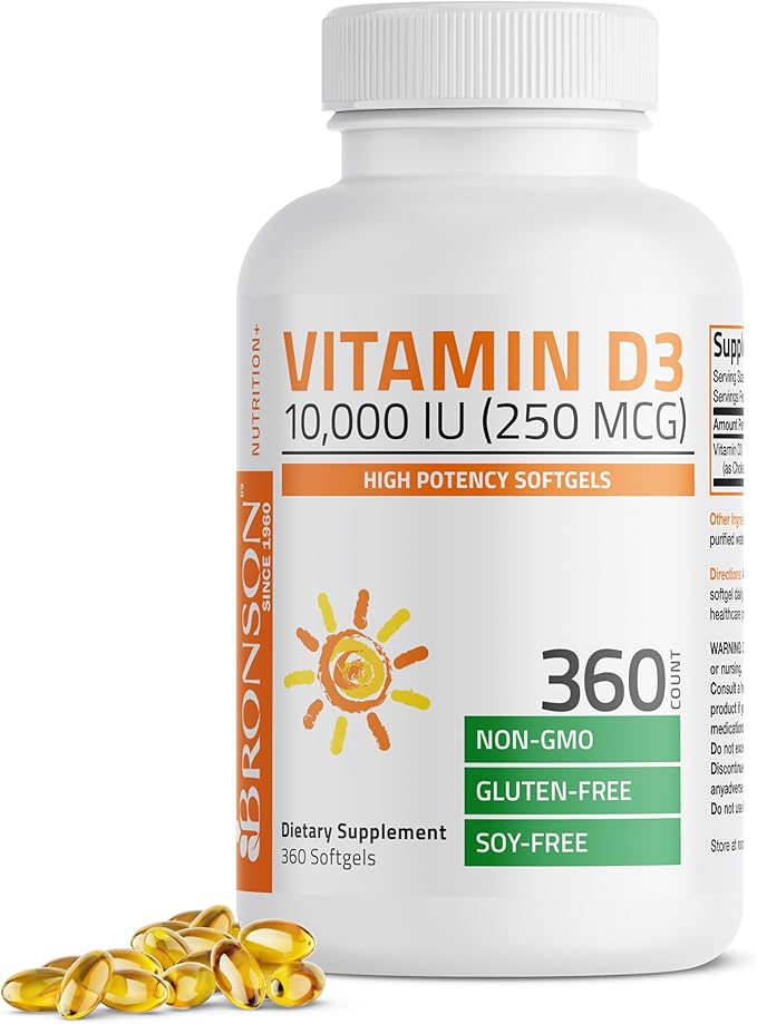 Bronson Vitamin D3 10,000 IU (250 mcg) High Potency - Supports Healthy Immune System, Strong Bones, Muscles & Teeth - Non GMO, 360 Softgels (1 Year Supply)