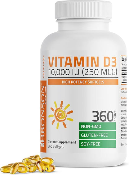 Bronson Vitamin D3 10,000 IU (250 mcg) High Potency - Supports Healthy Immune System, Strong Bones, Muscles & Teeth - Non GMO, 360 Softgels (1 Year Supply)