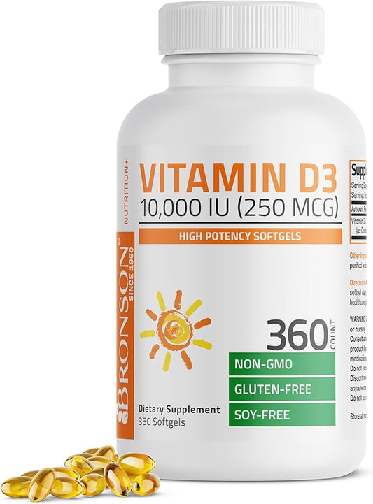 Bronson Vitamin D3 10,000 IU (250 mcg) High Potency - Supports Healthy Immune System, Strong Bones, Muscles & Teeth - Non GMO, 360 Softgels (1 Year Supply)