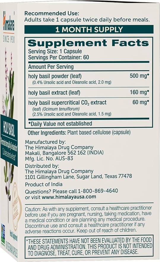 Himalaya Holy Basil Tulsi Herbal Supplement, Stress Relief, Relaxation, Occasional Sleeplessness, Promotes Calm, Energy Support, Ayurvedic, Non-GMO, Vegan, 720 mg, 60 Capsules, 30 Day Supply